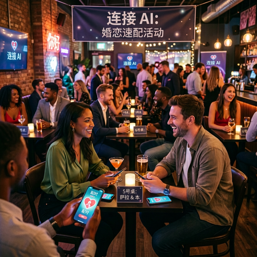 Couples interacting and holding smartphones at an AI matchmaking event in a bar