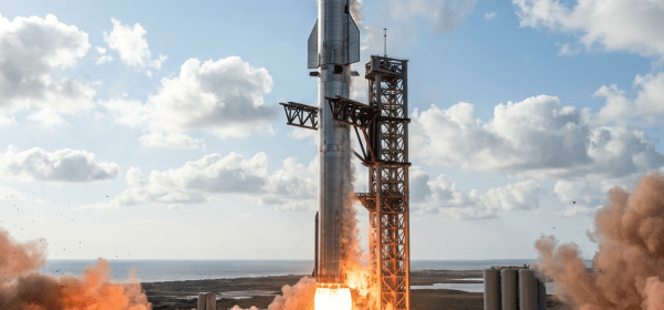 SpaceX Starship rocket launching with fire and smoke at launchpad