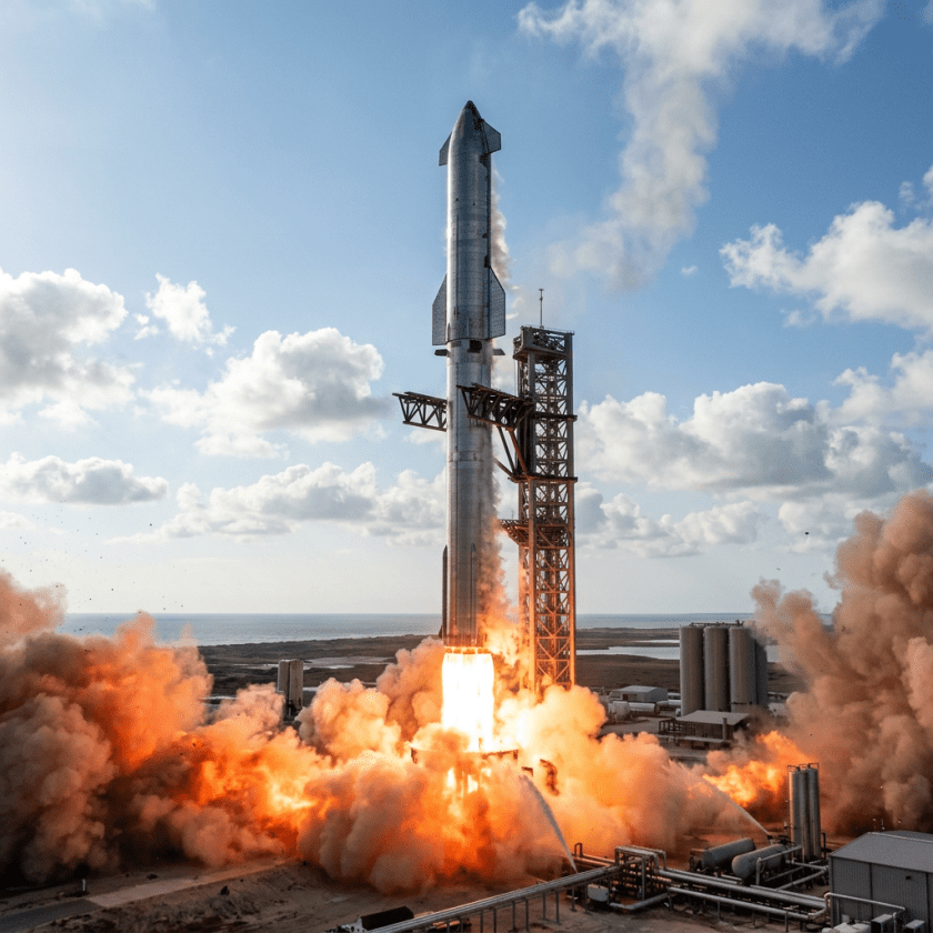 SpaceX Starship rocket launching with fire and smoke at launchpad