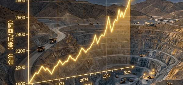 Graph depicting gold price trend from 1800 to 2800 USD per ounce between 2022 and 2026, over a gold mining site.