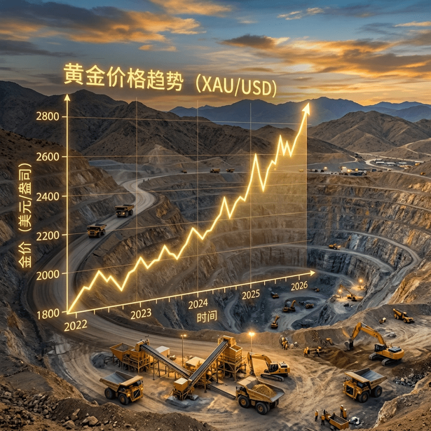 Graph depicting gold price trend from 1800 to 2800 USD per ounce between 2022 and 2026, over a gold mining site.
