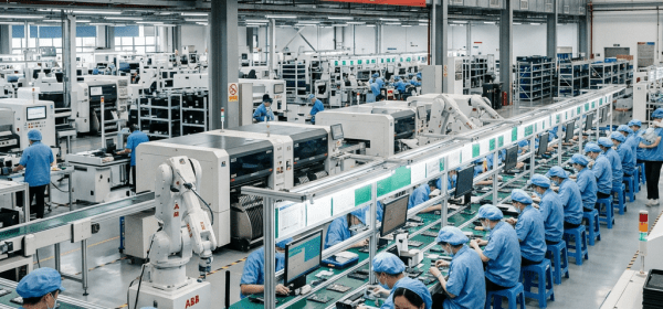 Workers in blue uniforms assembling electronic circuit boards on a conveyor belt in a large factory.