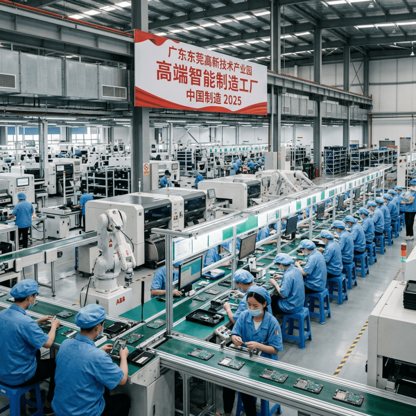 Workers in blue uniforms assembling electronic circuit boards on a conveyor belt in a large factory.