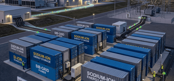 Containers labeled Sodium-Ion Energy Storage connected to a data center and power grid