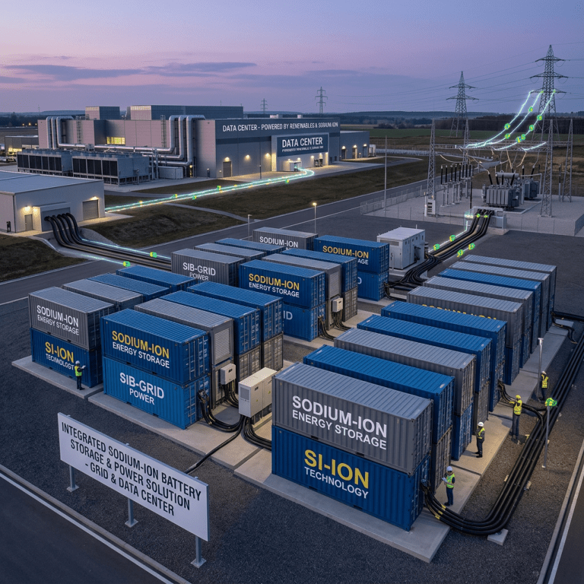 Containers labeled Sodium-Ion Energy Storage connected to a data center and power grid