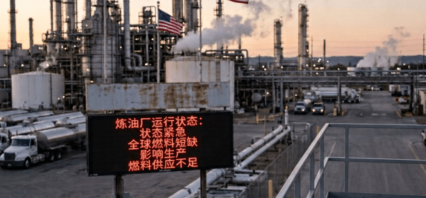 Former President Donald Trump standing at a refinery with signs indicating critical refinery operations and fuel shortages, American flags visible.