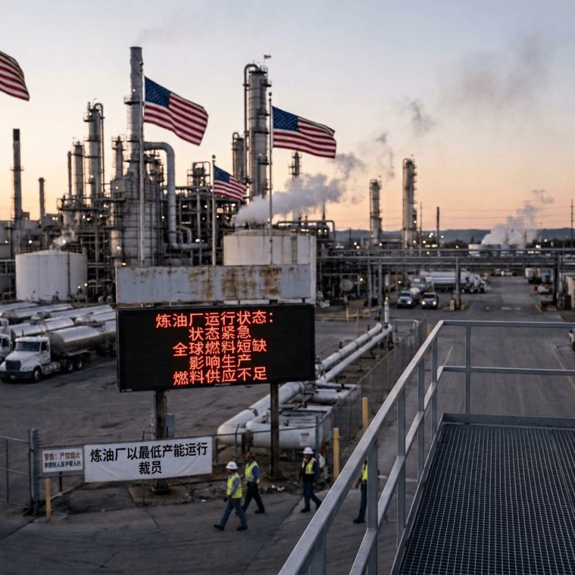 Former President Donald Trump standing at a refinery with signs indicating critical refinery operations and fuel shortages, American flags visible.
