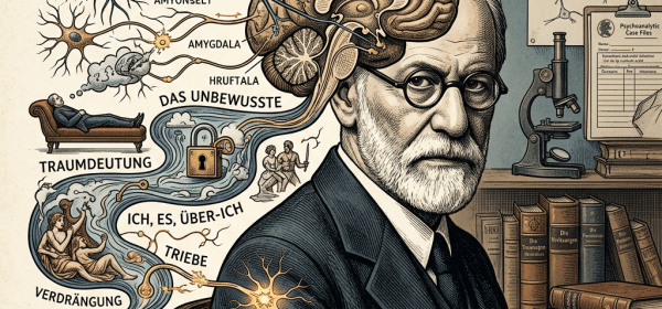 Illustration of Sigmund Freud with brain diagram and psychoanalytic terms in German