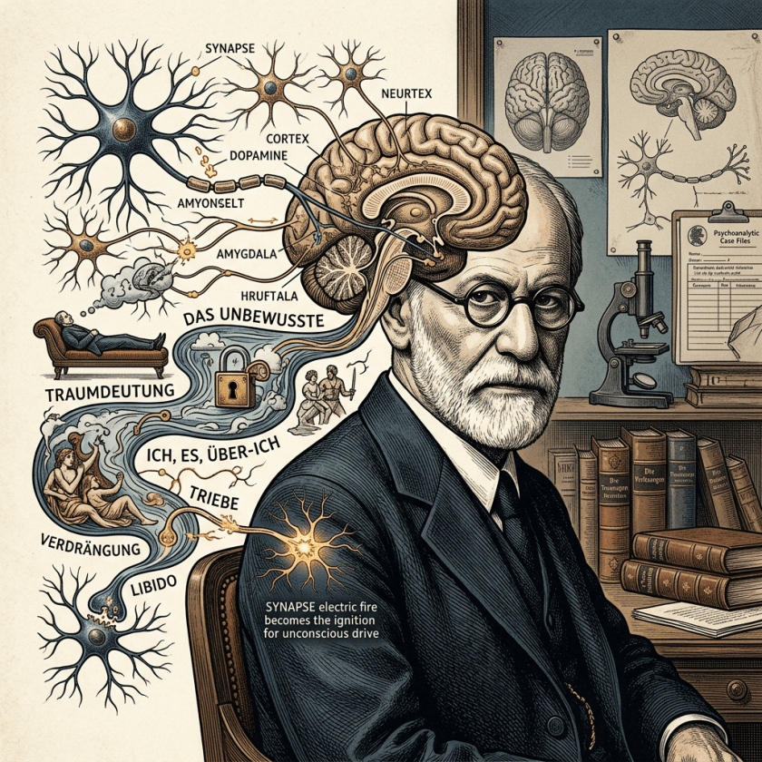 Illustration of Sigmund Freud with brain diagram and psychoanalytic terms in German