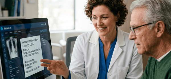 Doctor showing AI medical analysis report with lung x-ray to patient
