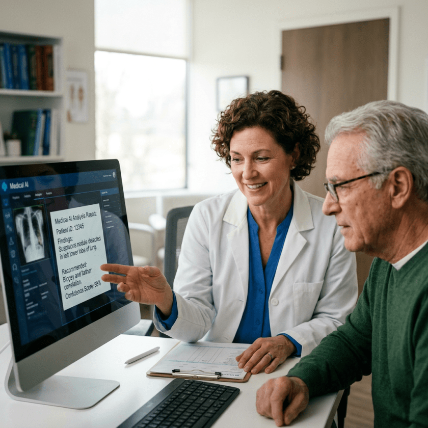 Doctor showing AI medical analysis report with lung x-ray to patient