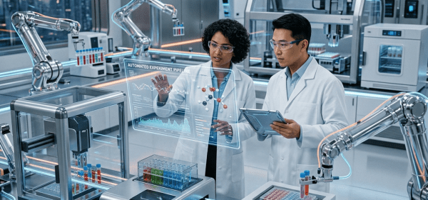 Two scientists in white lab coats working with robotic arms and digital displays in a high-tech laboratory