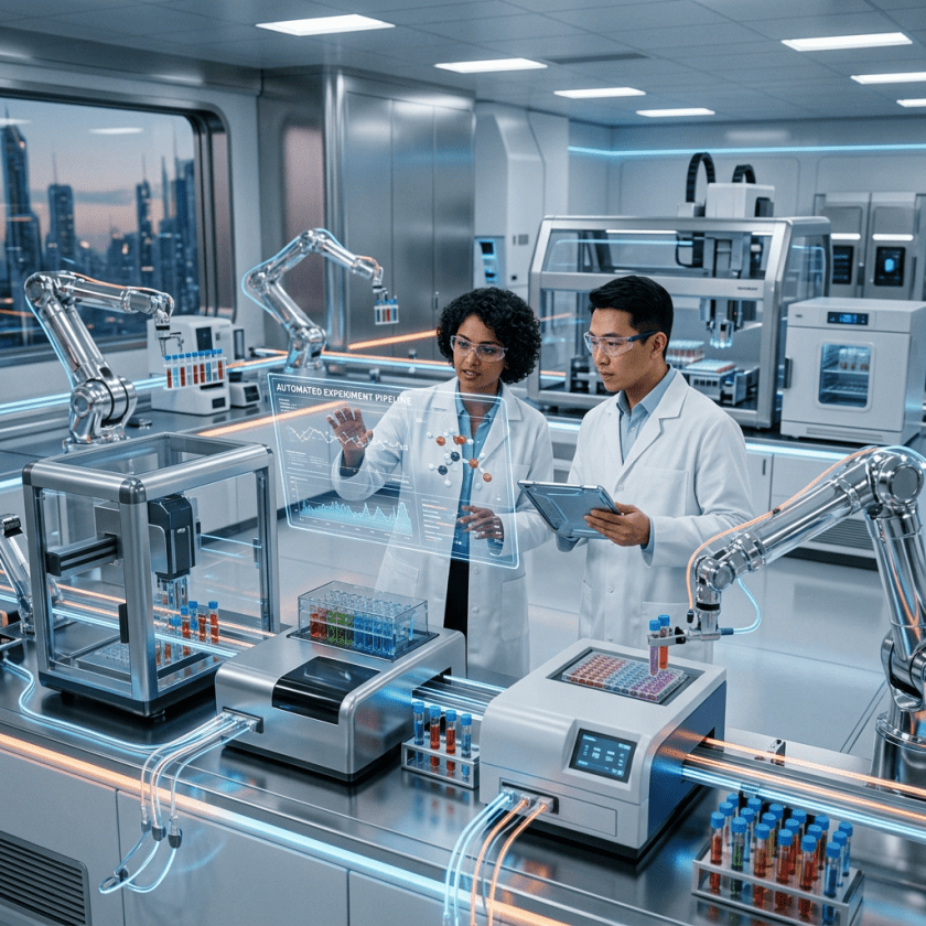 Two scientists in white lab coats working with robotic arms and digital displays in a high-tech laboratory