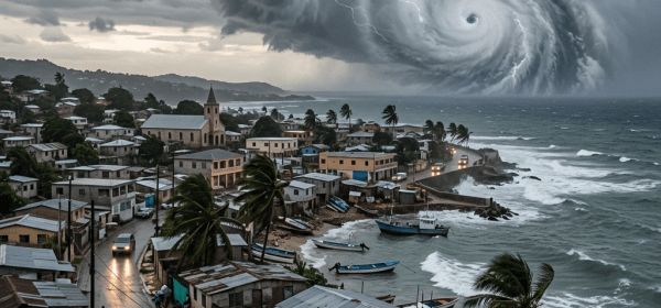 Spiral-shaped Hurricane Maria storm clouds and lightning over Jamaican coastal town with warning sign