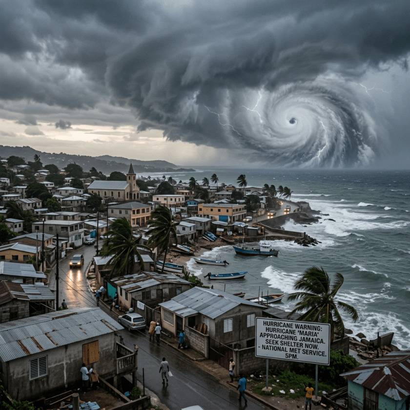 Spiral-shaped Hurricane Maria storm clouds and lightning over Jamaican coastal town with warning sign