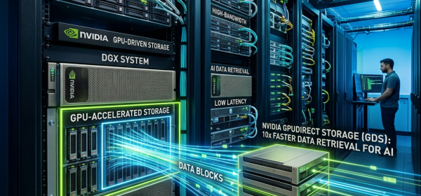 Server racks with NVIDIA GPU-accelerated storage and AI data blocks connected to NVIDIA H100 GPUs for AI acceleration