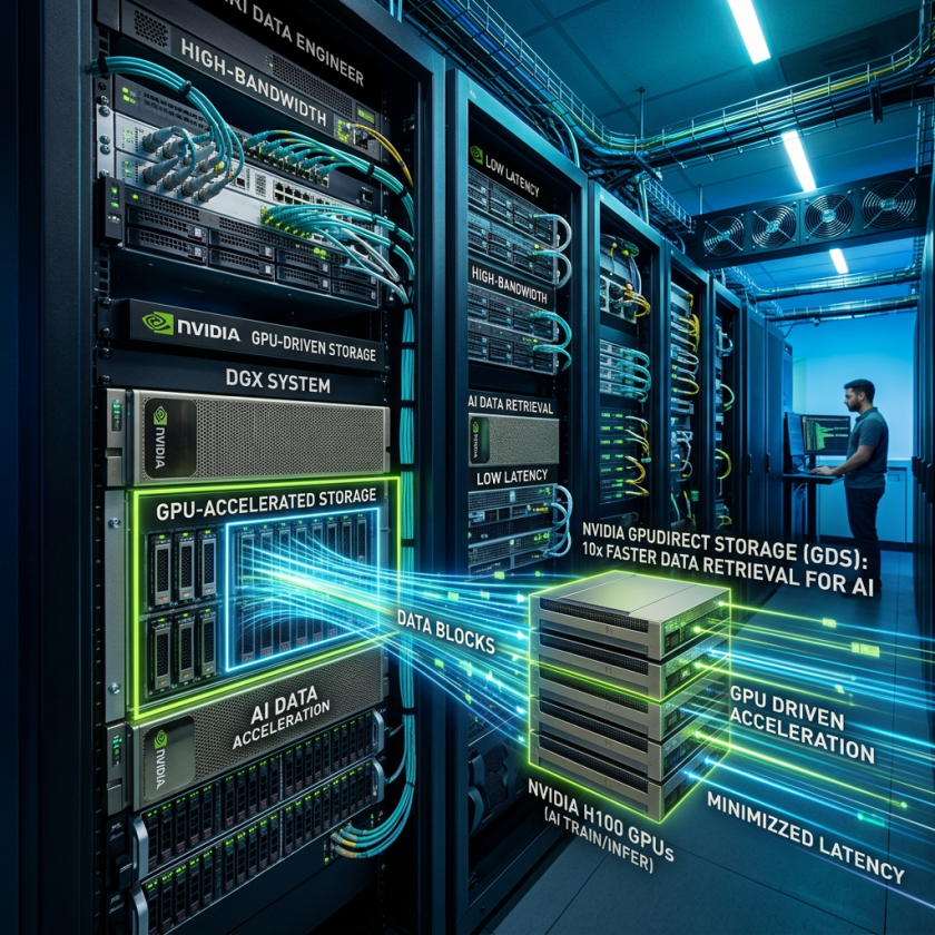 Server racks with NVIDIA GPU-accelerated storage and AI data blocks connected to NVIDIA H100 GPUs for AI acceleration