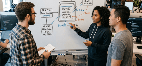 Three people discussing software pull request workflow diagram on whiteboard in office