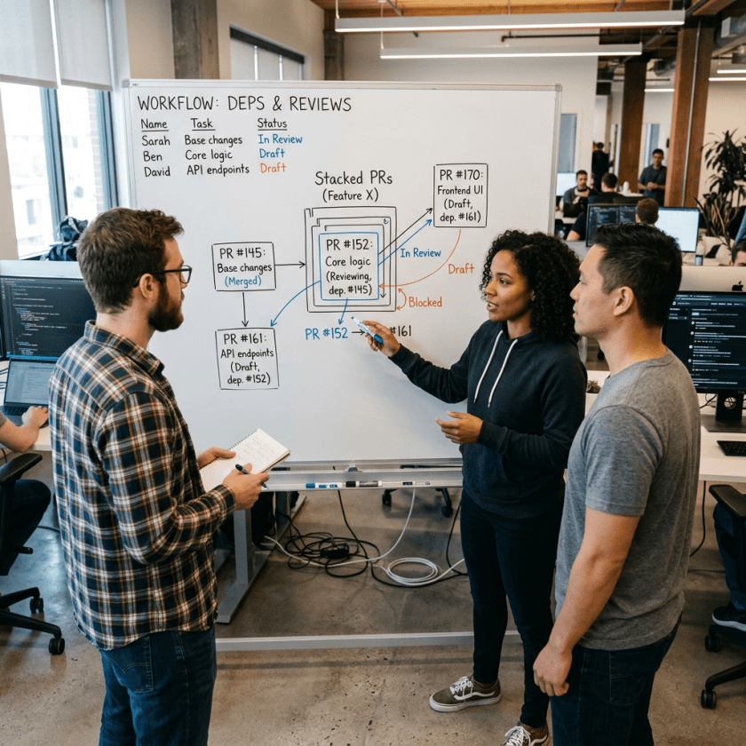 Three people discussing software pull request workflow diagram on whiteboard in office