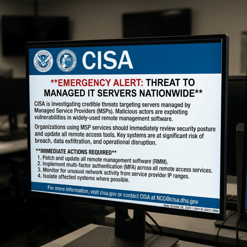 CISA emergency alert about nationwide threat to managed IT servers with immediate action steps