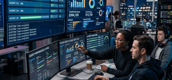 Two analysts analyzing AI agent operations and cloud usage data on multiple screens
