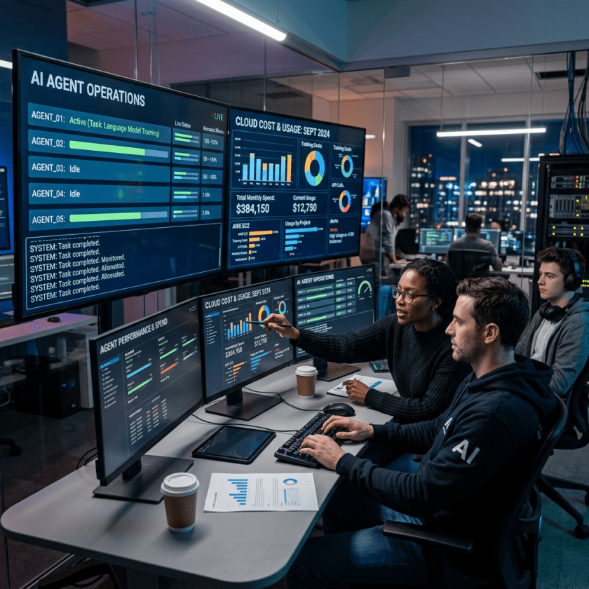 Two analysts analyzing AI agent operations and cloud usage data on multiple screens