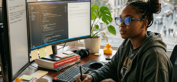 Person writing notes while coding at dual-monitor computer workstation