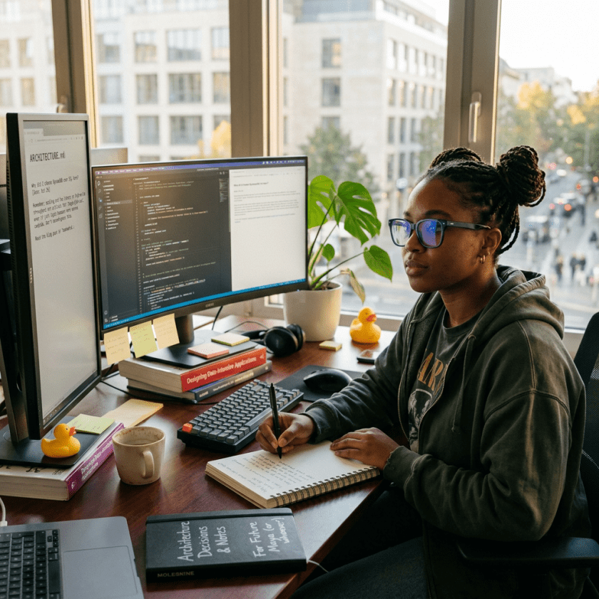 Person writing notes while coding at dual-monitor computer workstation