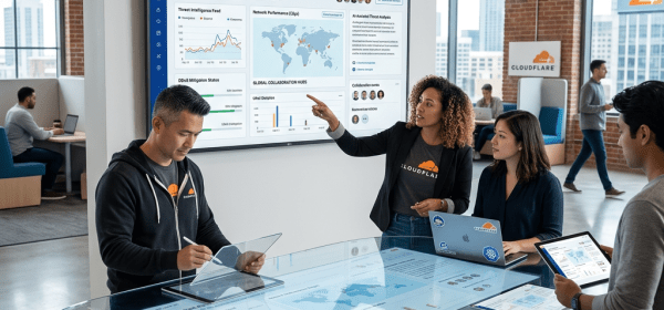 Four people collaborating around a digital table and screen displaying Cloudflare OS analytics and maps