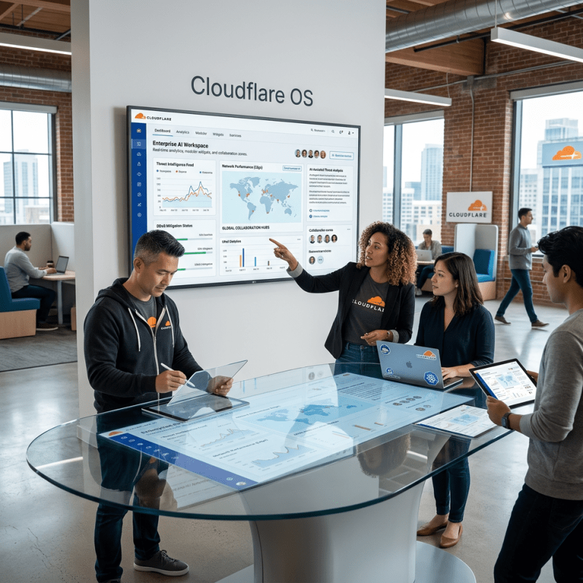Four people collaborating around a digital table and screen displaying Cloudflare OS analytics and maps