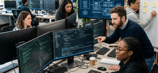 Team of developers collaborating on coding with multiple monitors and whiteboard.