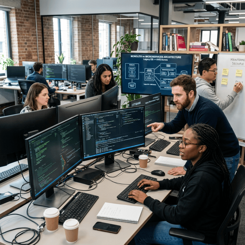 Team of developers collaborating on coding with multiple monitors and whiteboard.