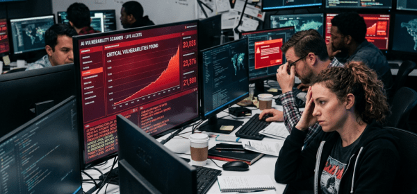 Team of cybersecurity analysts working at multiple monitors displaying vulnerability graphs and alerts