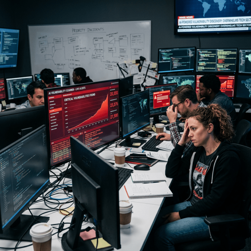 Team of cybersecurity analysts working at multiple monitors displaying vulnerability graphs and alerts