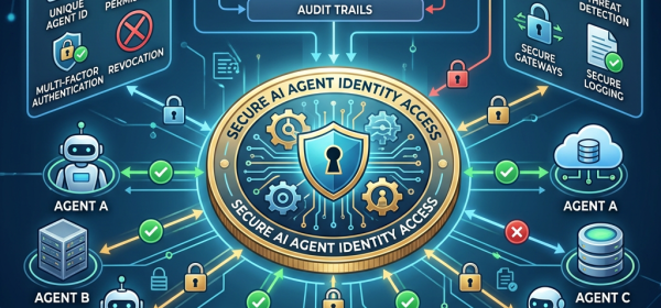 Diagram showing secure AI agent identity access with governance framework and security controls