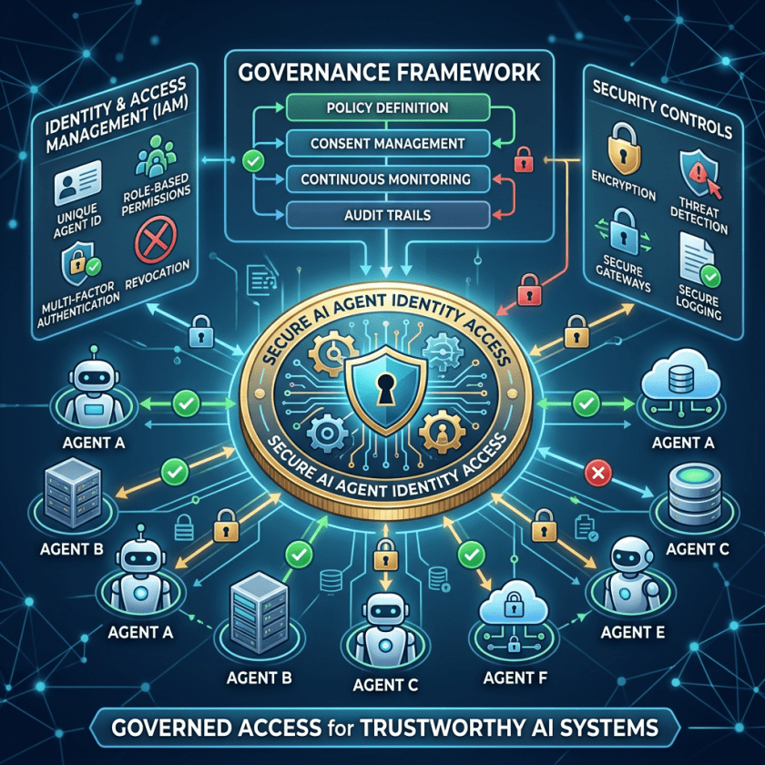 Diagram showing secure AI agent identity access with governance framework and security controls