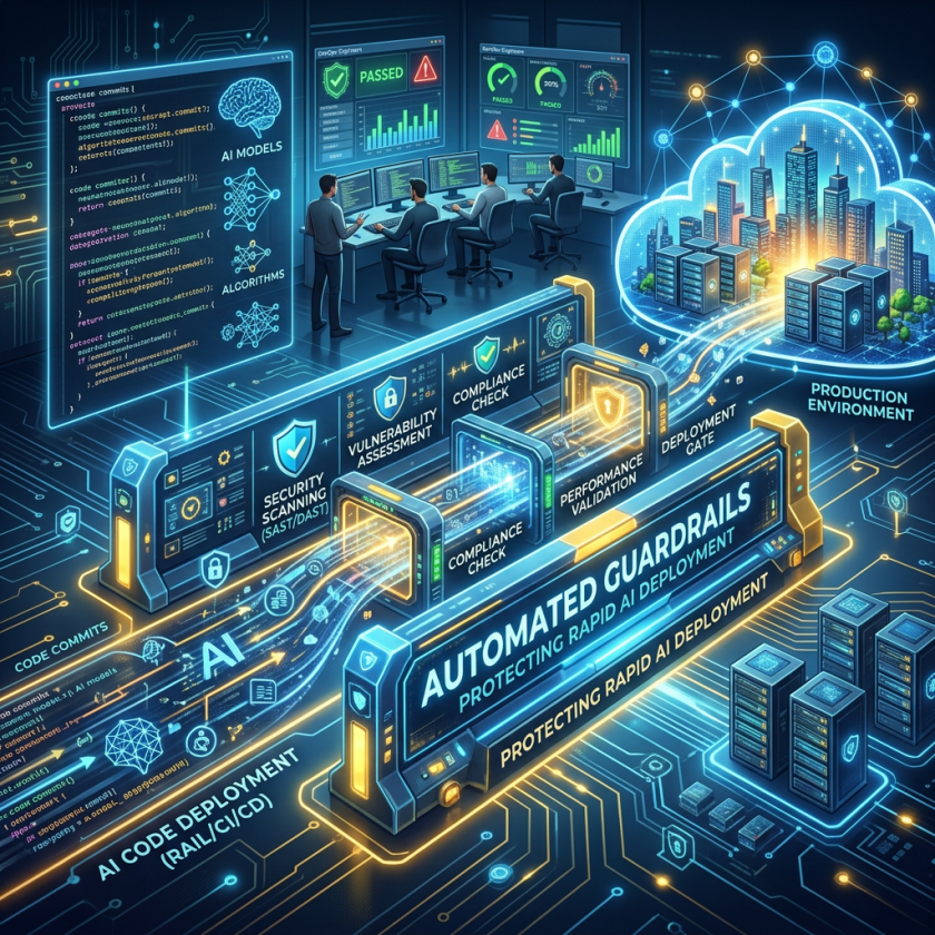 Automated AI deployment pipeline with security scanning, compliance check, and production environment