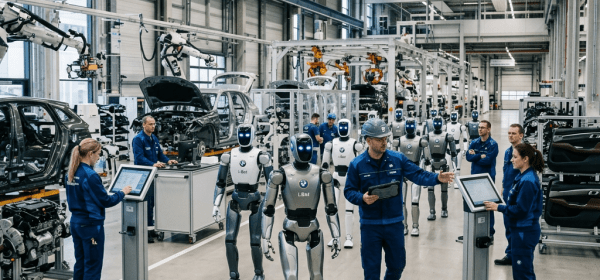 Humanoid robots labeled i-Bot with human workers in a BMW car assembly factory