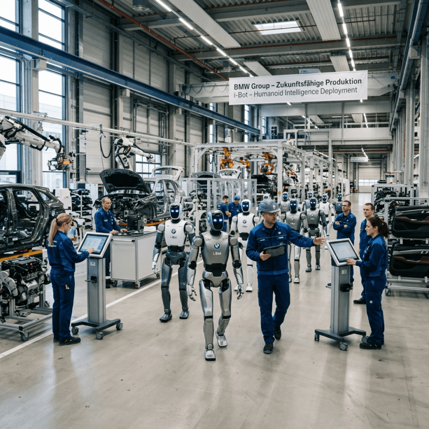 Humanoid robots labeled i-Bot with human workers in a BMW car assembly factory