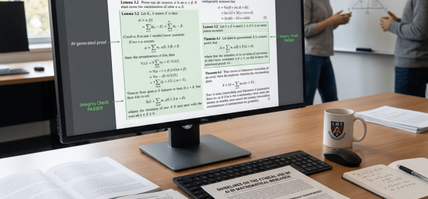 Computer monitor showing AI-generated mathematical theorem proofs with integrity check passed