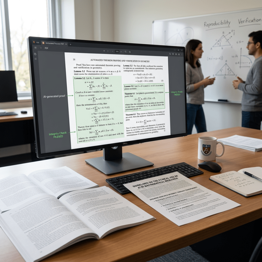 Computer monitor showing AI-generated mathematical theorem proofs with integrity check passed