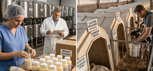 Workers processing bottled colostrum products and feeding calves in individual hutches