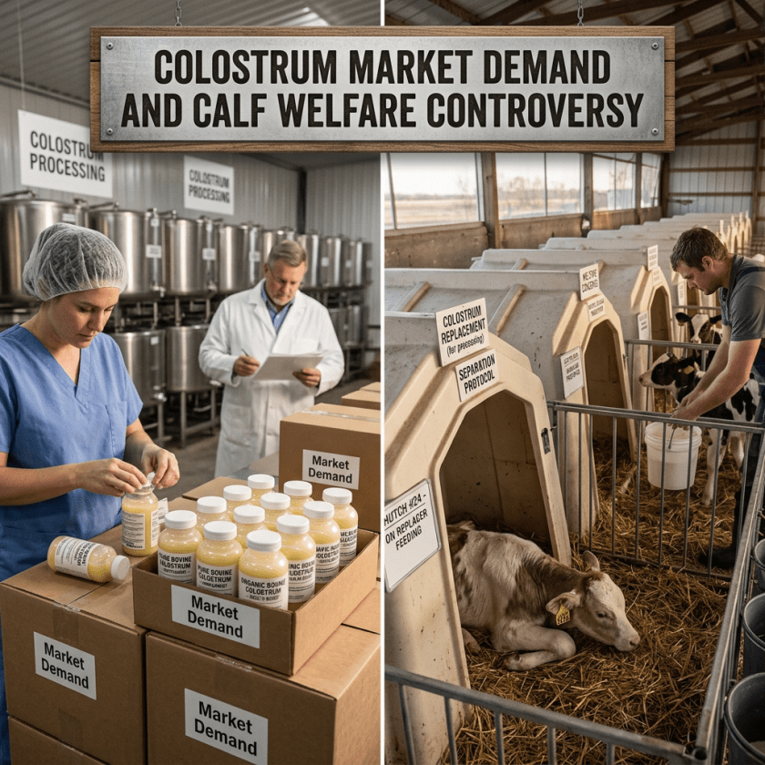 Workers processing bottled colostrum products and feeding calves in individual hutches
