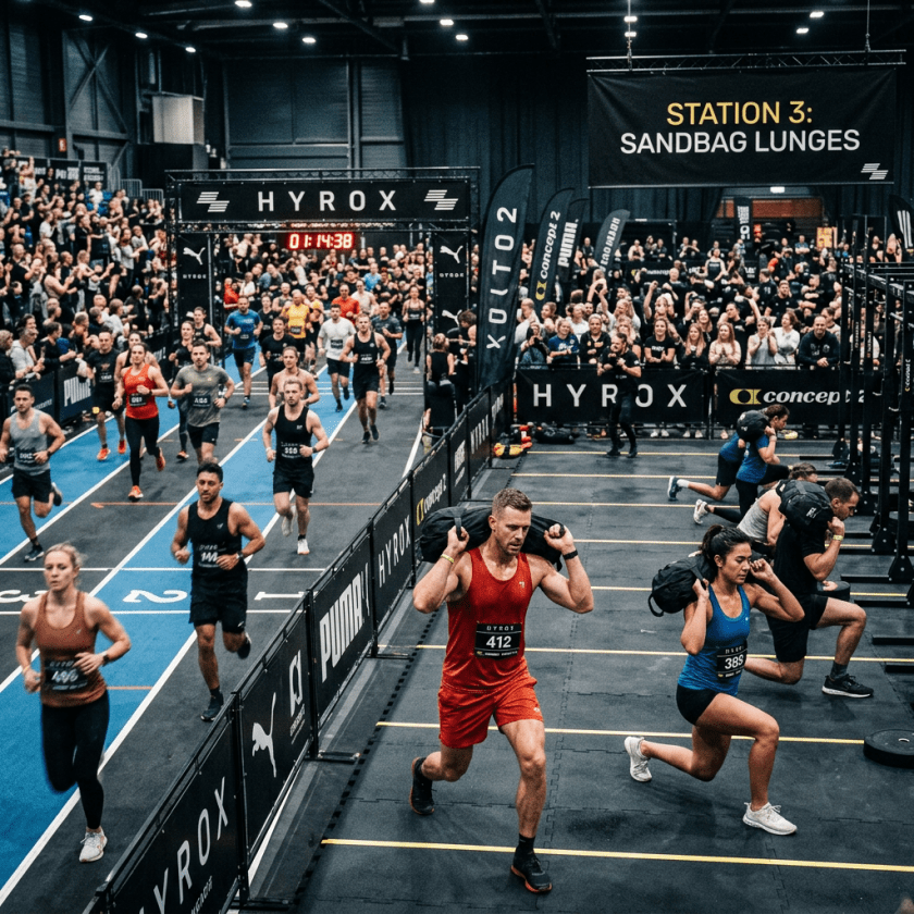 Athletes performing sandbag lunges during a fitness competition at Station 3