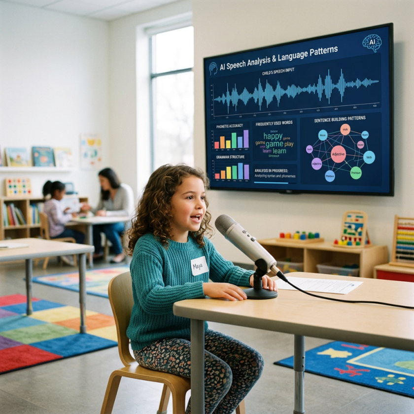 Girl named Maya speaking into a microphone for AI speech analysis in classroom