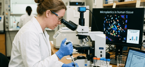 Scientist analyzing microplastics in human tissue under a microscope