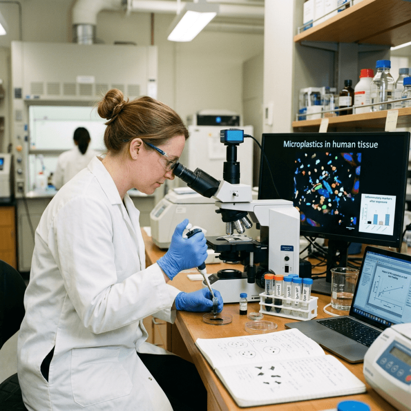 Scientist analyzing microplastics in human tissue under a microscope