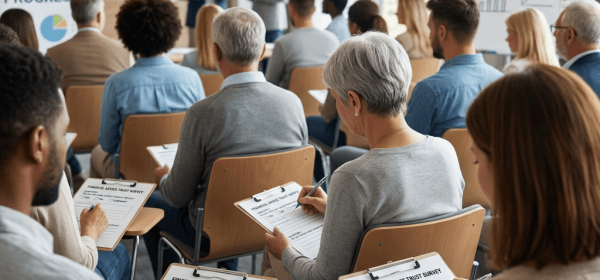 Group of diverse adults completing financial advice trust survey forms in a seminar room
