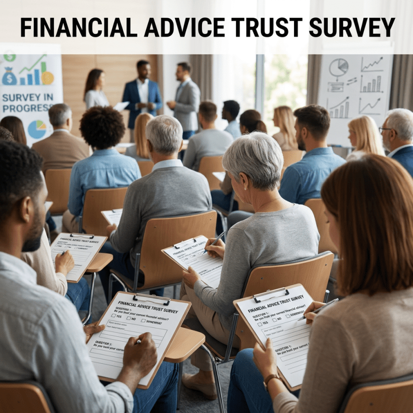 Group of diverse adults completing financial advice trust survey forms in a seminar room