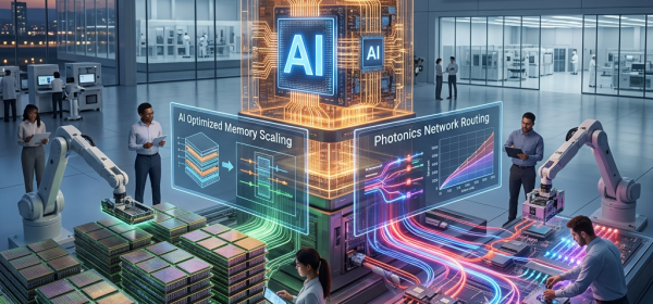 Laboratory with engineers interacting with AI memory and photonics infrastructure systems